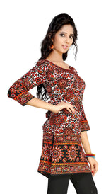 Red sari kurti tunic shown draped on a model