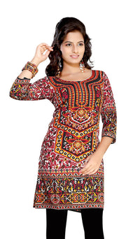 Red sari kurti tunic shown draped on a model