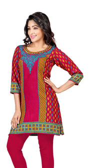 Pink sari kurti tunic shown draped on a model