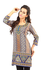 Blue sari kurti tunic shown draped on a model