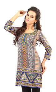Blue sari kurti tunic shown draped on a model