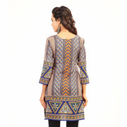 Blue sari kurti tunic shown draped on a model