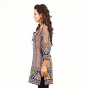 Blue sari kurti tunic shown draped on a model