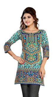 Turquoise sari kurti tunic shown draped on a model