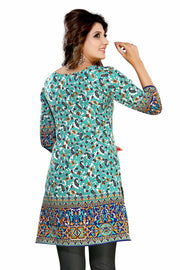 Turquoise sari kurti tunic shown draped on a model