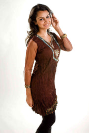 Brown poly crepe kurti tunic shown draped on a model