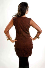 Brown poly crepe kurti tunic shown draped on a model