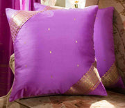 Calming lavender sari cushion covers arranged on a sofa