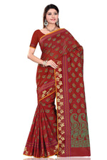 Maroon art silk sari shown draped on a model