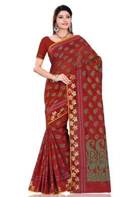 Maroon art silk sari shown draped on a model