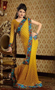 Yellow georgette sari shown draped on a model