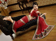 Red georgette sari shown draped on a model