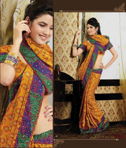 Orange georgette sari shown draped on a model