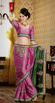 Pink georgette sari shown draped on a model