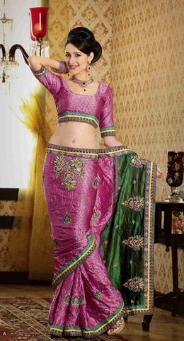 Pink georgette sari shown draped on a model