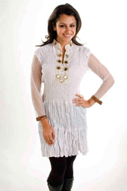 Off white poly crepe kurti tunic shown draped on a model