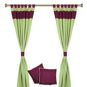 Olive green raw silk curtain and cushion cover set shown together