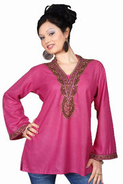 Pink art silk kurti tunic shown draped on a model
