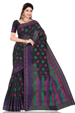Purple art silk sari shown draped on a model