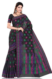 Purple art silk sari shown draped on a model