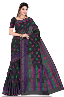 Purple art silk sari shown draped on a model