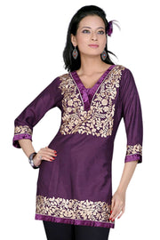 Purple velvet kurti tunic shown draped on a model