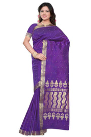 Purple art silk sari shown draped on a model