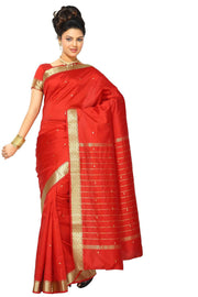 Red art silk sari shown draped on a model