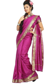 Violet art silk sari shown draped on a model