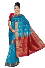 Blue art silk sari shown draped on a model