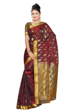 Maroon art silk sari shown draped on a model