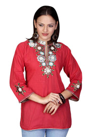Fire brick sari kurti tunic shown draped on a model