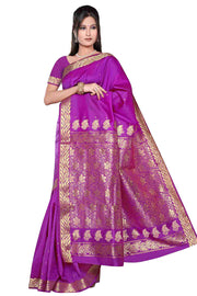 Violet art silk sari shown draped on a model