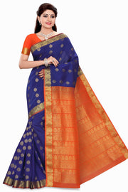 Blue with orange art silk sari shown draped on a model