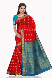 Blue art silk sari shown draped on a model