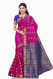 Violet art silk sari shown draped on a model