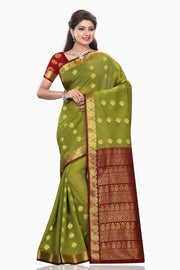 Maroon art silk sari shown draped on a model