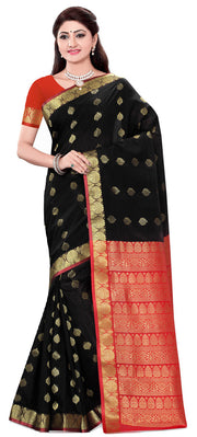 Black art silk sari shown draped on a model
