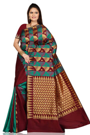 Turquoise art silk sari shown draped on a model