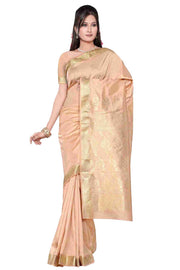 Golden art silk sari shown draped on a model